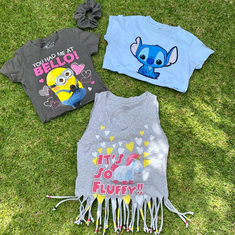 Three Refashioned Crop Graphic Tees Plus Handmade Scrunchie